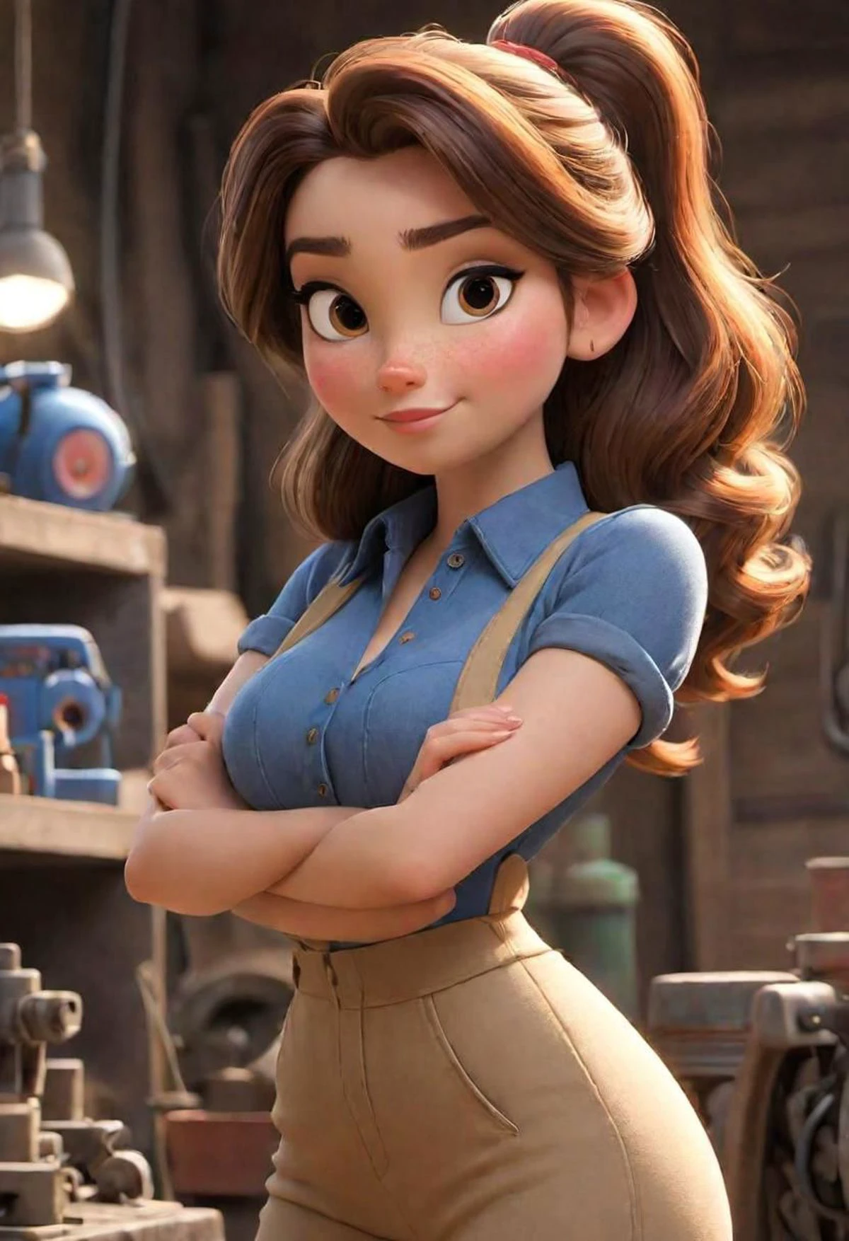(disney pixar style:1.2) (cute adorable girl:1.) (adult age 20:1.15 brown hair, ponytail, jumpsuit, huge breasts, cleavage, sexy mechanic, in a garage, (perfect hands:1.1) (extreme far shot, full body, zoomed out:1.1)