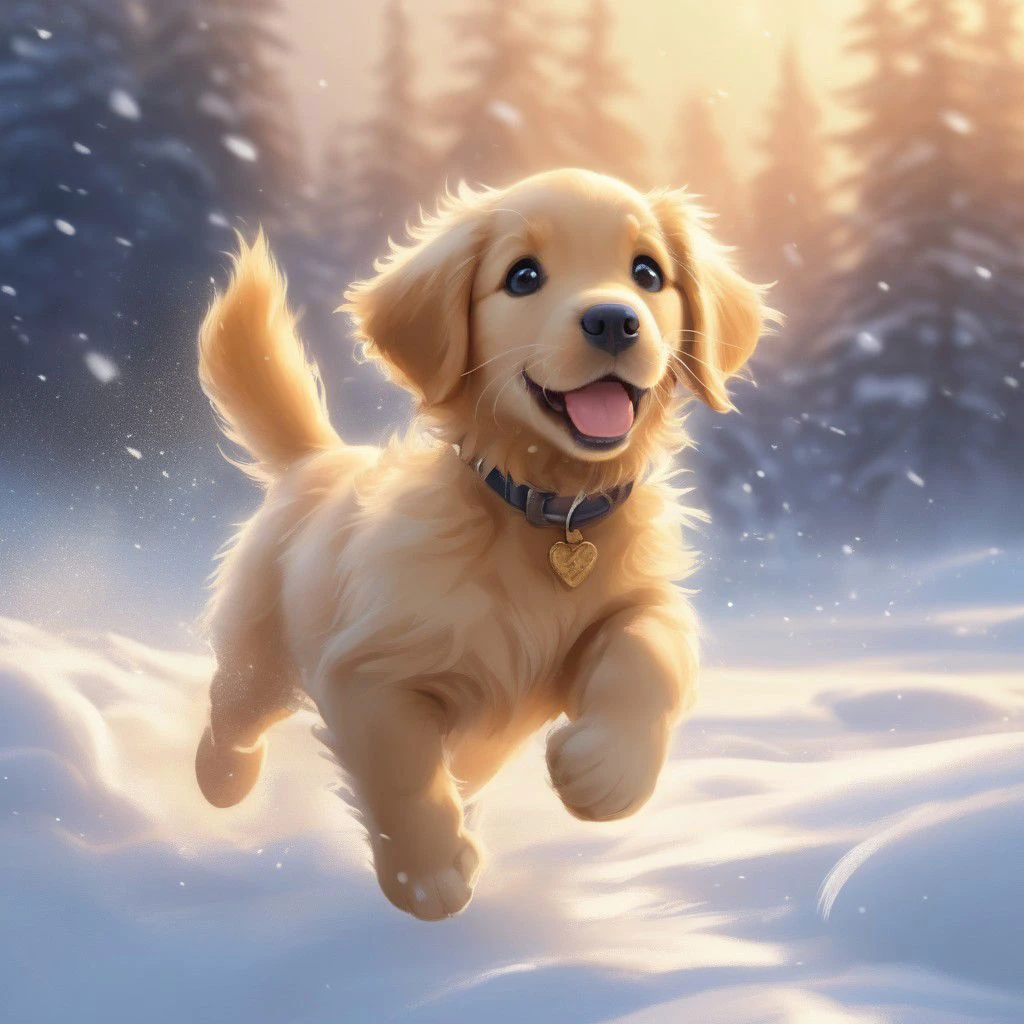 Masterpiece pixar nickelodeon cartoon of ((a cute retriever puppy, fluffy)), puppy running in the snow, happy, hope,sunset, digital painting, artstation, concept art, sharp focus, illustration, volumetric lighting, epic Composition, 8k, oil painting, cgsociety