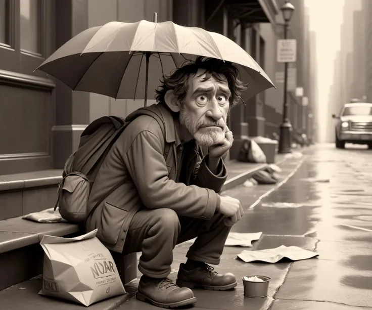 depressing pixar cartoon movie still of a homeless man living on a new york footpath, desperate, misery, raining, muted sepia colour scheme