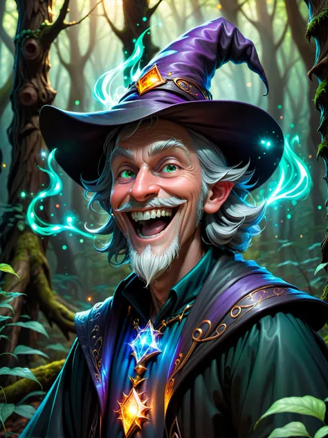 simple background,black background,wizard man in forest,magic,masterpiece,high quality,skin pores,detailed skin,evil laugh,<lora:attractive:0.4>,magic sparkles,glowing haze,<lora:FaeTastic:0.8>,