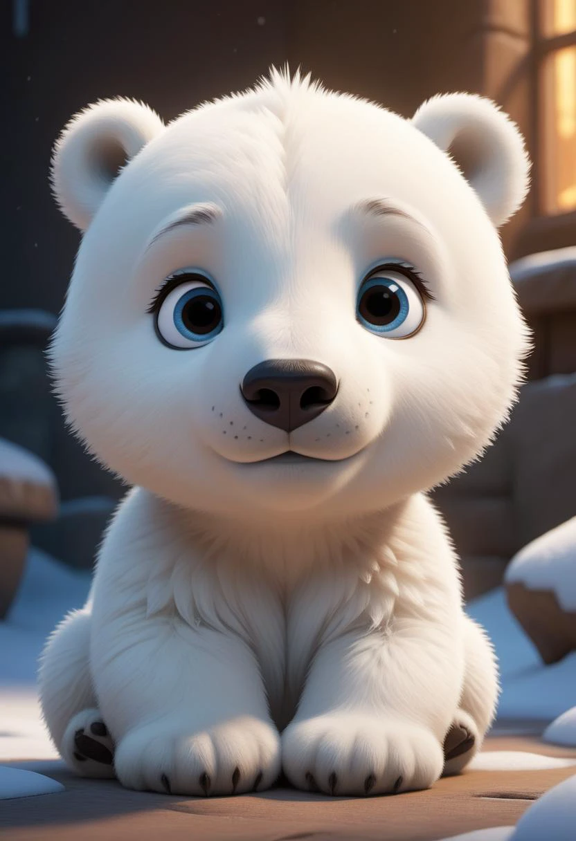 (pixar) disney cartoon of a cute polar bear cub, symmetrical, highly detailed, 8k, digital painting, oil painting, illustration, concept art, sharp focus, volumetric lighting, epic Composition, cgsociety, artstation