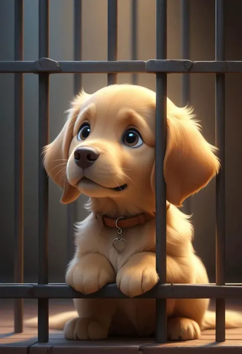 ASCIIMasterpiece pixar nickelodeon cartoon of ((a cute retriever puppy, fluffy)), puppy in a cage (behind bars), sadness, hope, digital painting, artstation, concept art, sharp focus, illustration, volumetric lighting, epic Composition, 8k, oil painting, cgsociety