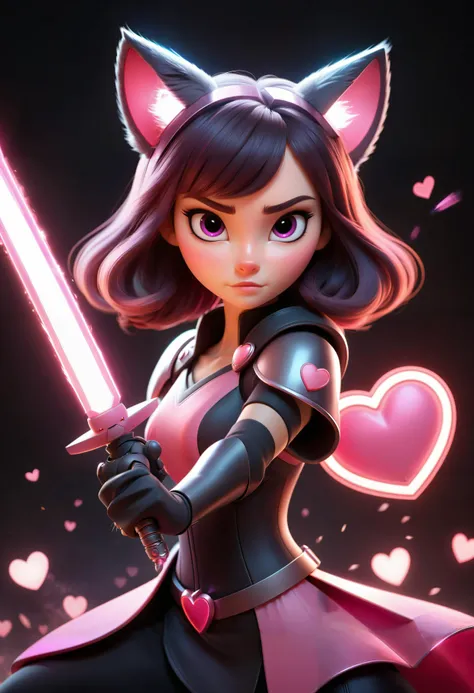 (disney pixar style:1.2) (cute adorable girl:1.1) (adult aged 20:1.), cat ears, wielding a futuristic glowing pink light sword with a heart shaped guard, explosions in background, fierce, full body, battle pose,