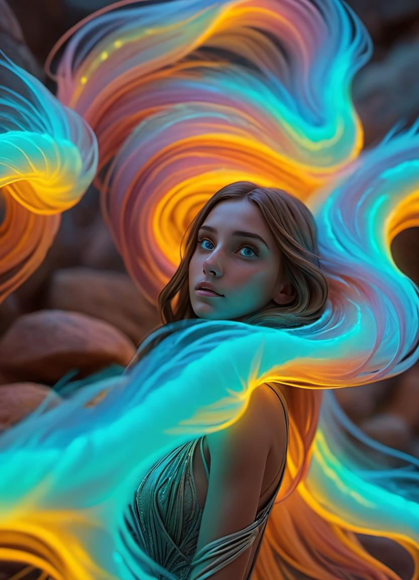 A woman with long hair is standing in front of a rock - SeaArt AI