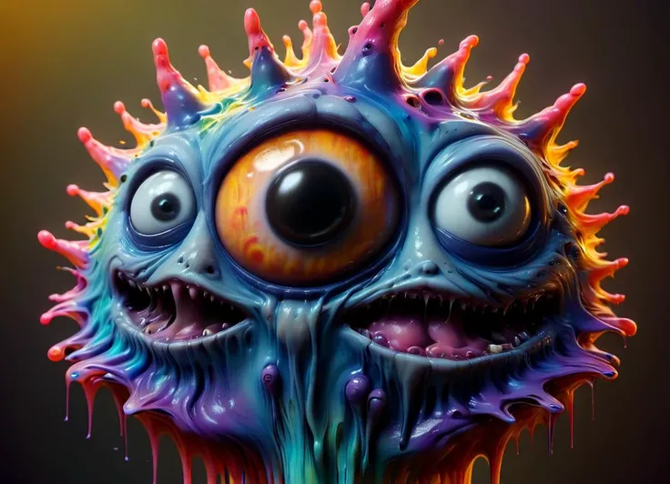 (centered) 3d model of a cute sinister vibrant colored monster with long fur and souless eyes by alexander jansson:1.3 | centered, psychedelic, colorful, matte background:0.9 | by jim henson:0.7 | dave melvin:0.4 | unreal engine, deviantart, artstation, octane, finalrender, concept art, hd, 8k resolution <lora:ral-melting-sdxl:1.2> ral-melting <lora:bigeyes-xl-v1:2.8> big eyes <lora:EnvyTrypophobiaXL01:1> trypophobia, subsurface scattering, ultra hd, 4k, high def, Photorealistic, Hyperrealistic, Hyper detailed, analog style, realistic, masterpiece, best quality, ultra realistic, 8k, Intricate, High Detail, film photography, soft lighting, heavy shadow