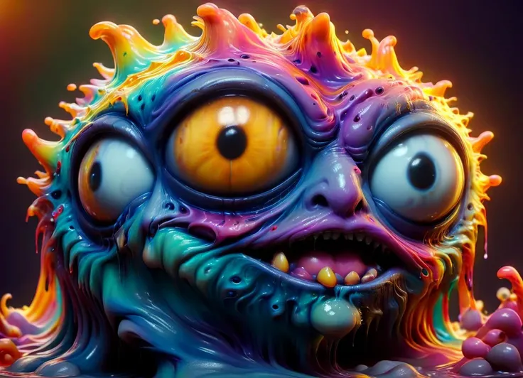 (centered) 3d model of a cute sinister vibrant colored monster with long fur and souless eyes by alexander jansson:1.3 | centered, psychedelic, colorful, matte background:0.9 | by jim henson:0.7 | dave melvin:0.4 | unreal engine, deviantart, artstation, octane, finalrender, concept art, hd, 8k resolution <lora:ral-melting-sdxl:1.2> ral-melting <lora:bigeyes-xl-v1:2.8> big eyes <lora:EnvyTrypophobiaXL01:1> trypophobia, subsurface scattering, ultra hd, 4k, high def, Photorealistic, Hyperrealistic, Hyper detailed, analog style, realistic, masterpiece, best quality, ultra realistic, 8k, Intricate, High Detail, film photography, soft lighting, heavy shadow