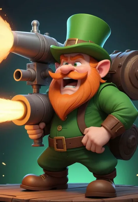 ASCIIMasterpiece pixar nickelodeon cartoon of (an angry leprechaun manning a massive rocket launcher), monsterpunk, symmetrical, best quality, digital painting, artstation, concept art, sharp focus, illustration, volumetric lighting, epic Composition, 8k, oil painting, cgsociety, subsurface scattering, global illumination, chiaroscuro