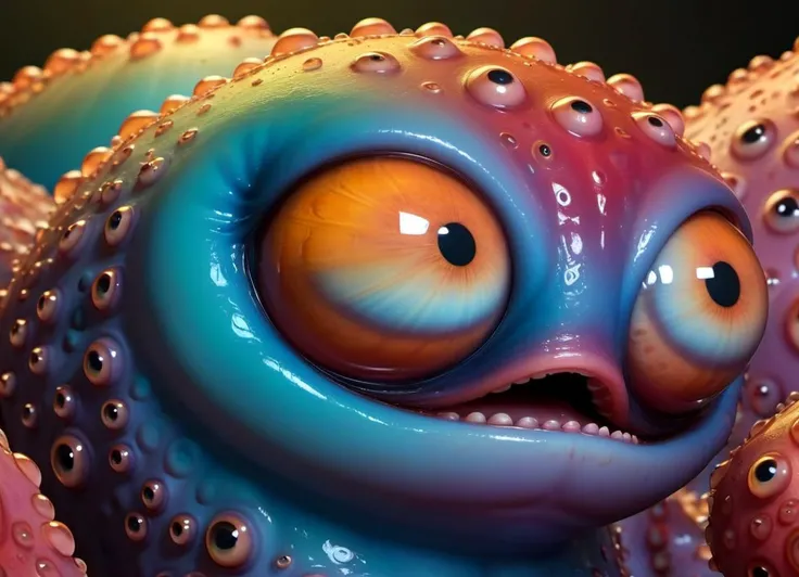 (centered) 3d model of a cute sinister vibrant colored monster octopus souless eyes by alexander jansson:1.3 | centered, psychedelic, colorful, matte background:0.9 | by jim henson:0.7 | dave melvin:0.4 | unreal engine, deviantart, artstation, octane, finalrender, concept art, hd, 8k resolution <lora:bigeyes-xl-v1:2.8> big eyes <lora:EnvyTrypophobiaXL01:1> trypophobia, subsurface scattering, ultra hd, 4k, high def, Photorealistic, Hyperrealistic, Hyper detailed, analog style, realistic, masterpiece, best quality, ultra realistic, 8k, Intricate, High Detail, film photography, soft lighting, heavy shadow