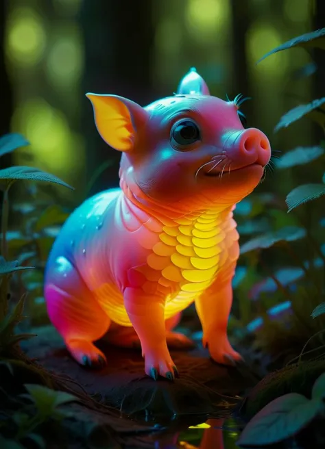 (art style of Yoh Nagao, Yanjun Cheng) dynamic skewed camera angle, a (translucent:1.3) [statue:2.0] cute (newt|pig) of <lora:Bio-Luminescence:0.66> in a bioluminescent forest full of life, (bokeh:1.4), reflections off ponds, with vivid saturated colors, Chiaroscuro,  <lora:DonMn1ghtm4reXL:0.6> DonMn1ghtm4reXL, subsurface scattering, Photorealistic, Hyperrealistic, analog style, realistic, film photography, soft lighting, heavy shadow, Ombre color scheme of neon orange, neon pink, neon blue, neon yellow, neon green,