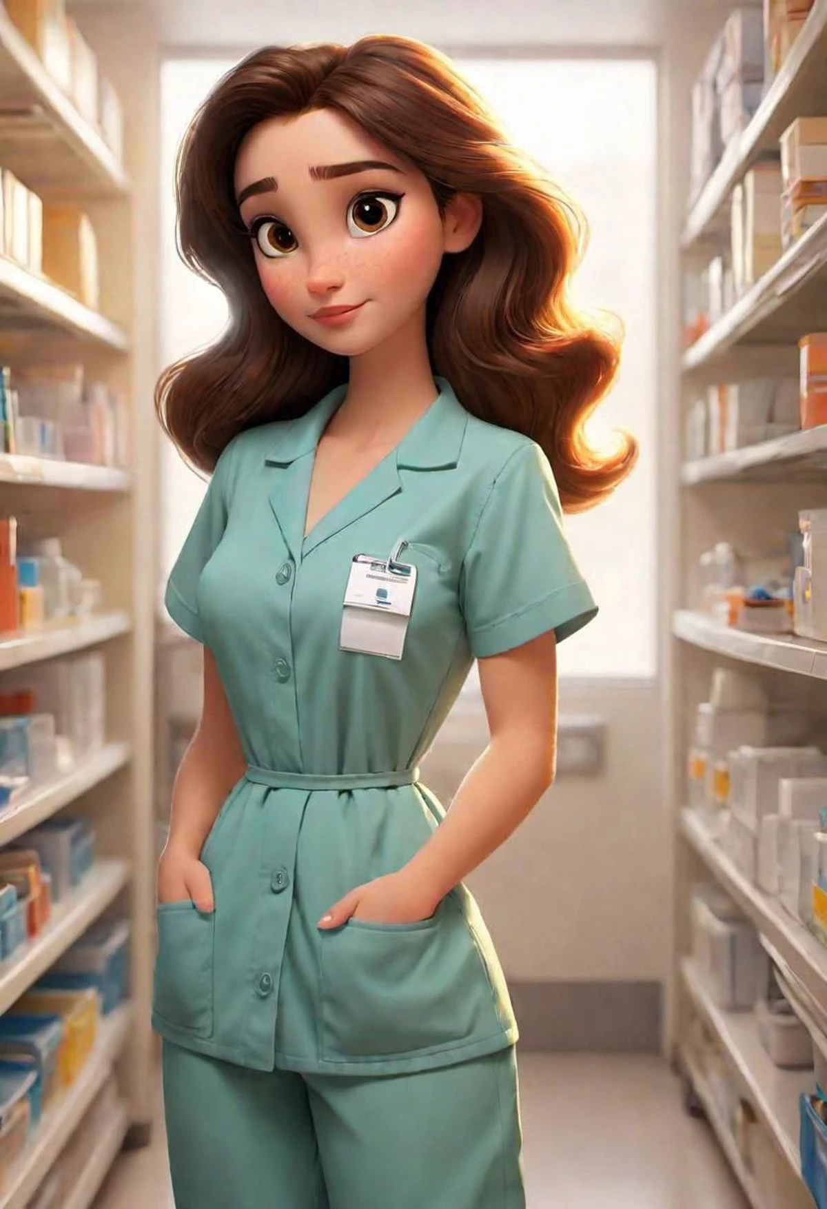 (disney pixar style:1.2) (cute adorable girl:1.) (adult age 20:1.15 brunette, hazel eyes, wearing modern medical scrubs, huge breasts, cleavage, hospital nametag, standing in a bright sunny hospital wing (extreme far shot, full body, zoomed out:1.1)