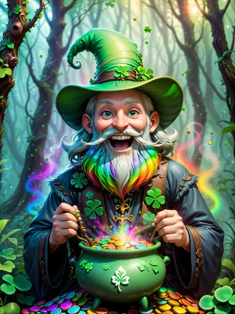 simple background,rainbow forest background,mist,leperchaun with long white beard,magic,masterpiece,high quality,skin pores,detailed skin,evil laugh,holding a pot full of coins and tree-leaf clover,<lora:attractive:0.4>,magic sparkles,glowing haze,<lora:FaeTastic:0.8>,