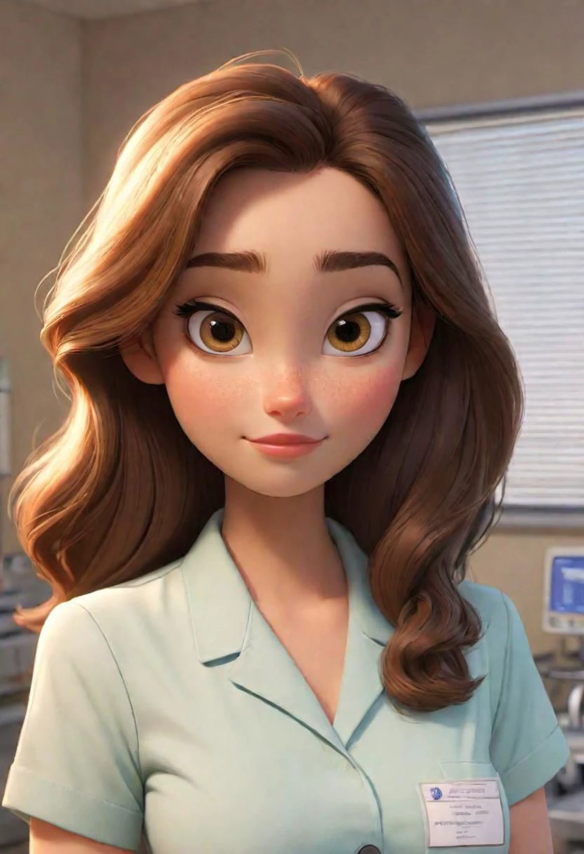 (disney pixar style:1.2) (cute adorable girl:1.) (adult age 20:1.15 brunette, hazel eyes, wearing modern medical scrubs, huge breasts, cleavage, hospital nametag, standing in a bright sunny hospital wing (extreme far shot, full body, zoomed out:1.1)