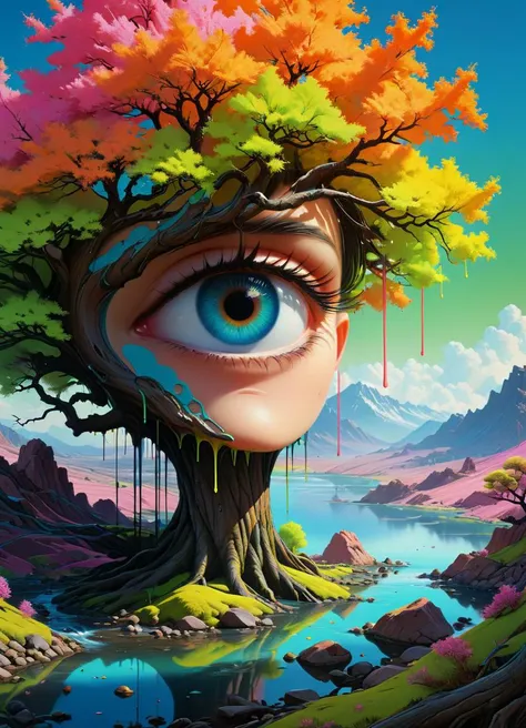 (art style of Yoh Nagao, Yanjun Cheng) an eye in a tree near water, in the style of brian despain, dripping paint, expansive landscapes, highly detailed, surrealistic urban scenes, mars ravelo, mati klarwein <lora:xl_more_art-full_v1:0.5>, Ombre color scheme of neon orange, neon pink, neon blue, neon yellow, neon green,, subsurface scattering, Photorealistic, Hyperrealistic, analog style, realistic, film photography, soft lighting, heavy shadow