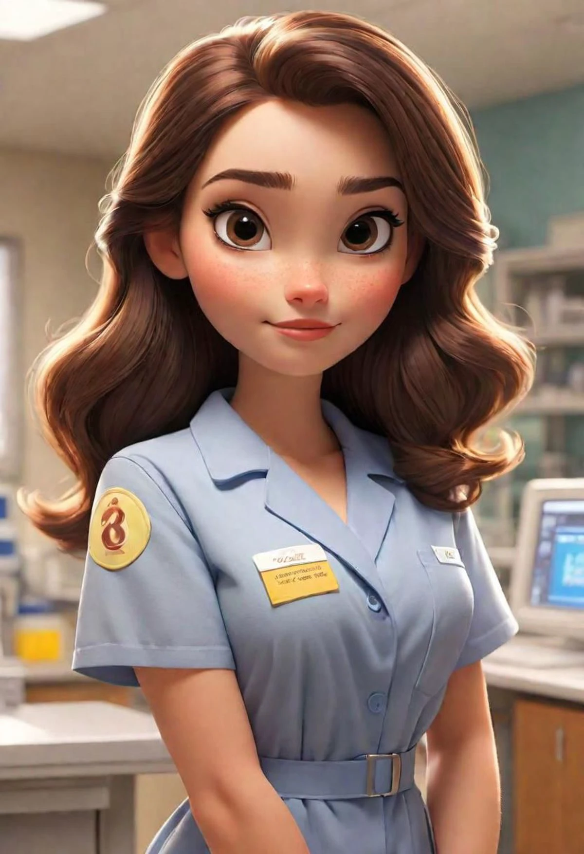 (disney pixar style:1.2) (cute adorable girl:1.) (adult age 20:1.15 brunette, hazel eyes, wearing modern medical scrubs, huge breasts, cleavage, hospital nametag, standing in a bright sunny hospital wing (extreme far shot, full body, zoomed out:1.1)