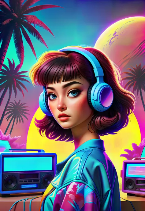 appeasing abstract (Design a futuristic science fiction poster) chaotic 80s retro vaporwave Polyurethane backlit hdr bedroom balance floral print soft cup design (Retro-futuristic style) neon palette, retro, synthwave teenage girl, futuristic pretty clothing, (boombox:1.05) <lora:add-detail-XL:0.8> (in the style of Nam June Paik) Apply a vibrant LUT for a vibrant look. Grid art, sunsets, neon palms, vibrant nostalgia, retro futuristic