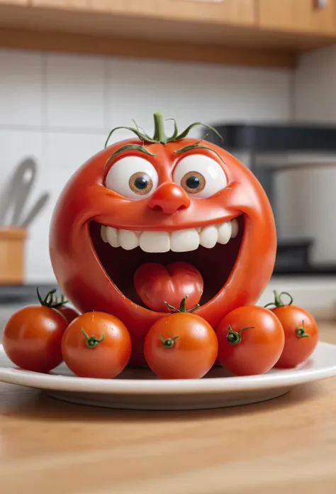 tomato with eyes and mouth. he's laughing, there are little tomatoes lying around on the plate, kitchen as background