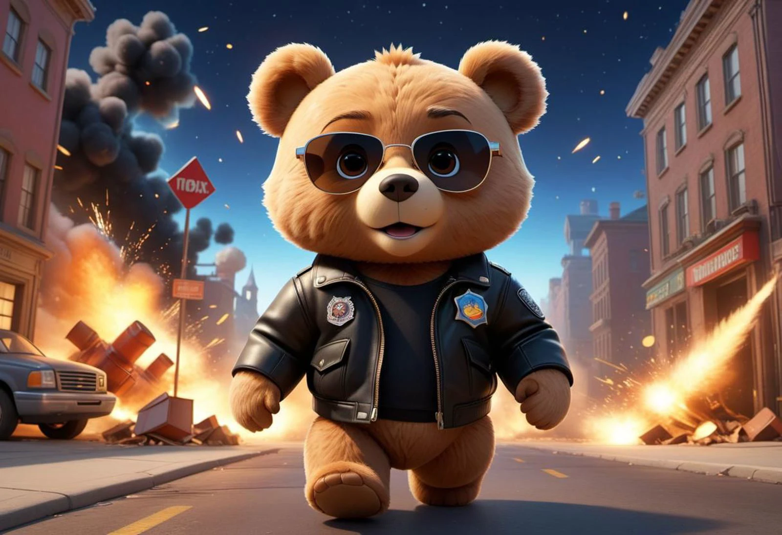 ASCIIRCNZ_SDXL_Style pixar disney cartoon (at night, starry sky) of (((a teddy bear wearing (black sunglasses and a leather jacket) holding a petrol can, walking away from an explosion, exploding building))), symmetrical, chromatic fantasy, highly detailed, 8k, digital painting, oil painting, illustration, concept art, sharp focus, volumetric lighting, epic Composition, cgsociety, artstation