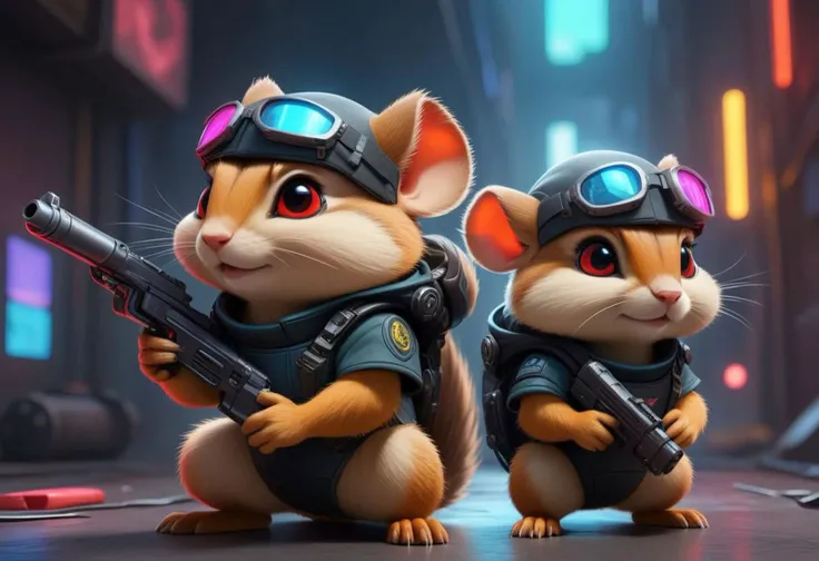 ASCIImasterpiece cartoon of two (((cyberpunk))) chipmunks with guns, bionic (prosthetic arm), glowing red eyes, ((futuristic, dystopian, neon colours)), symmetrical, highly detailed, digital painting, artstation, concept art, sharp focus, illustration, volumetric lighting, epic Composition, 8k, oil painting, cgsociety