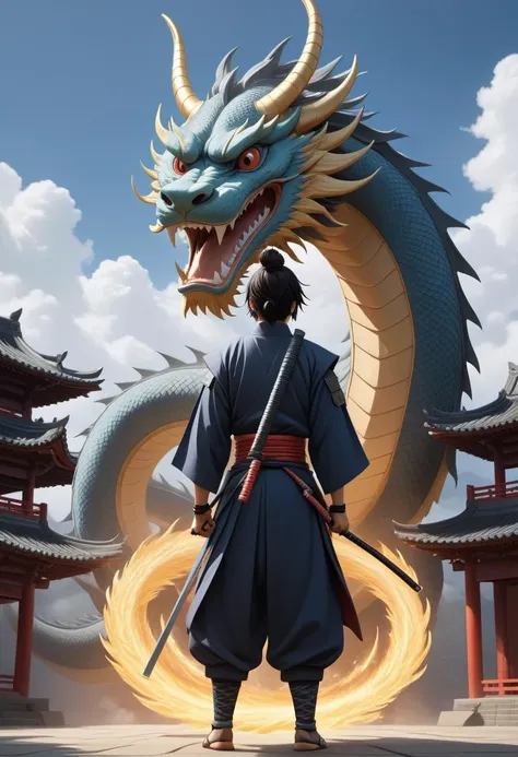 (Makoto Shinkai, Greg Rutkowski), (anime:2) of (a samurai with a chinese dragon in background:1.6), symmetrical, highly detailed, 8k, illustration, concept art, sharp focus, volumetric lighting, epic Composition, artstation
