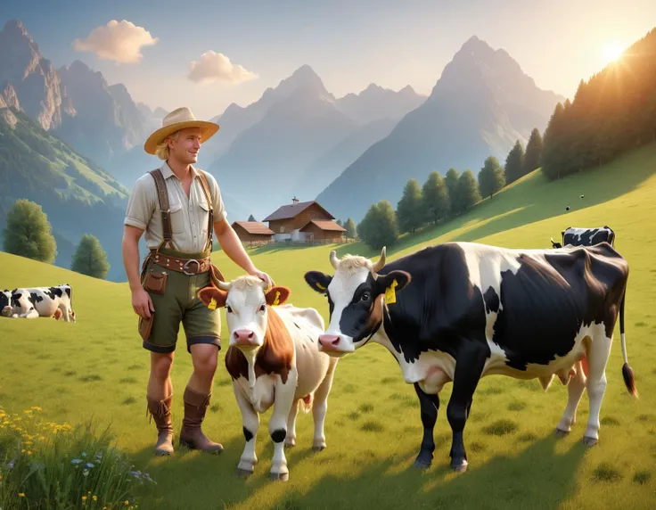 A summer morning on a mountain meadow, one friendly austrian man, blond hair, wearing lederhosen, straw hat, petting a cow, (cows:1.3), calf, mountains, sunrise, 3d render