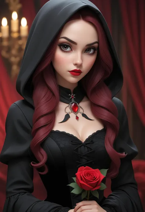 anime, cartoon, Close Up Portrait young gothic woman. velvet costume dress with hood. Loose wavy hair. Black beautiful necklace. Rose in hands. backdrop night room. holiday makeup red lips dark eyes. halloween image Vampire