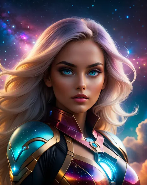 Erotic sexy cosmic entity. Celestial heavenly body. Highly Detailed Futuristic apparel. Surrounded by cloud of glowing gas. Serious. Dark starry sky in the background with galaxies, pastel colors. Perfect eyes, highly detailed beautiful expressive eyes, detailed eyes, 35mm photograph, film, bokeh, professional, highly detailed dynamic lighting, photorealistic, 8k, raw, rich, intricate details, key visual, bright vivid colors, backlight, lens flare.