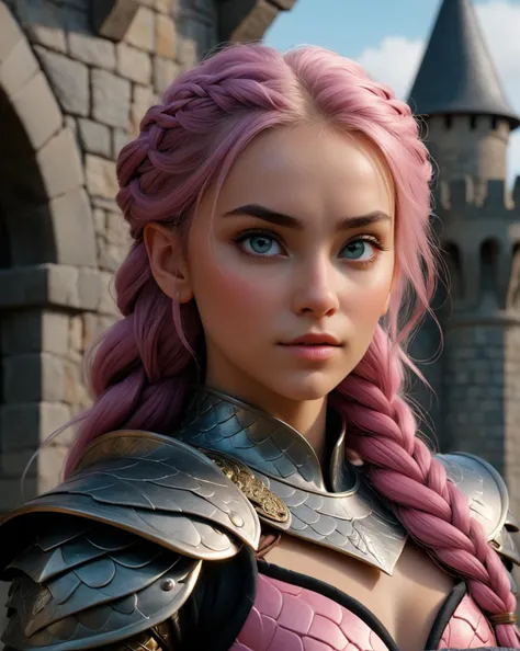 (32K resolution, masterpiece, ultra high quality, best quality, ultra high definition, perfect anatomy, Incredibly detailed, RAW, ultra super realistic, photorealistic, cinematic lighting, exquisitely detailed, extremely intricate, 8k UHD, high resolution). (upper body shot:1.3), 1 female, long black and light pink hair in Battle Braid style. Beautiful face and eyes. Perfect eyes, highly detailed beautiful expressive eyes, detailed eyes. (Highly detailed, multi-layered, dragon scale armor:1.3).( Standing outdoors on castle wall:1.1). Vivid imagery, rich details, clear shadows and highlights, realistic, highly detailed, 35mm photograph, film, professional, highly detailed dynamic lighting, photorealistic, 8k, raw, rich, intricate details, key visual, bright vivid colors.