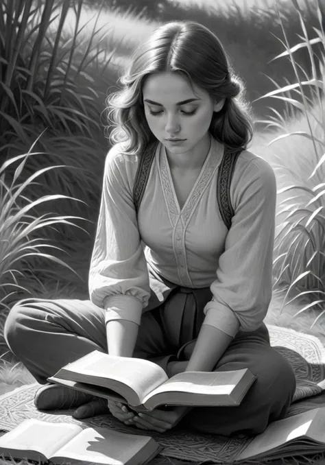 Close-up graphite sketch, (Serene young woman with book:1.3), Symmetrical balance, Intricate details, Beautiful features, (Focused reading posture:1.2), Cross-legged pose, Tilted head, Grass surroundings, (Detailed reed texture:1.2), Regular woven mats, Gentle topography, Artistically by Earl Norem, Artistically by Joe Kubert, (Present on CGSociety), (Featured on ArtStation), Memecore Art, Impressionistic style, Monochromatic theme, Clean, precise lines, <lora:add-detail-xl:1> <lora:barbacki:1>