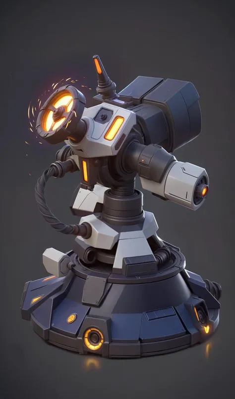 tube, canon turret in the style of Heroes of the Storm, scifi, futuristic, Star Wars, angular, sharp angles, missiles, propeller, socle, lights, glow, Defense Tower, metal, reflective, fire sparkles