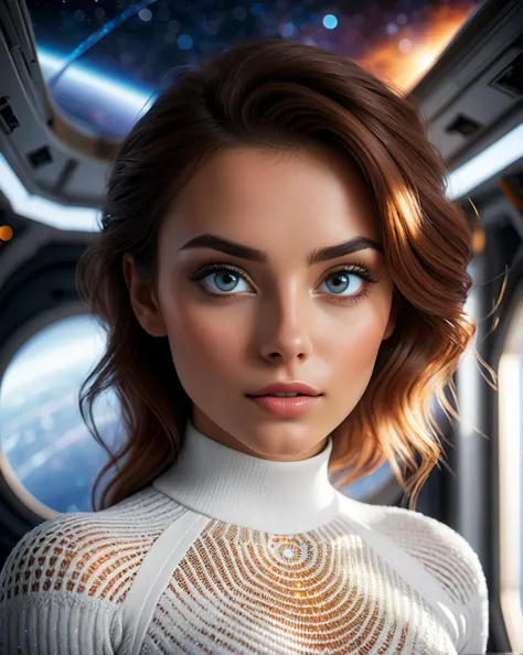 Upper body photo. 1Female. Wearing a form fitting white knit mesh top. Perfect eyes, highly detailed beautiful expressive eyes, detailed eyes. Standing inside a space ship. Large window. Universe, space, solar system. Sci-fi theme. Epic view. High contrast, epic cinematic, rim light, 35mm photograph, film, bokeh, professional, highly detailed dynamic lighting, photorealistic, 8k, raw, rich, intricate details, realistic, realism, professional photo.