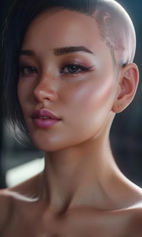 ellcobd2023, 1girl, 8k, uhd, best best quality, trending on arstation, photorealistic, masterpiece, short hair, shaved head,raw image, closeup, focus on eyes, skin pores, detailed skin, park, brown eyes