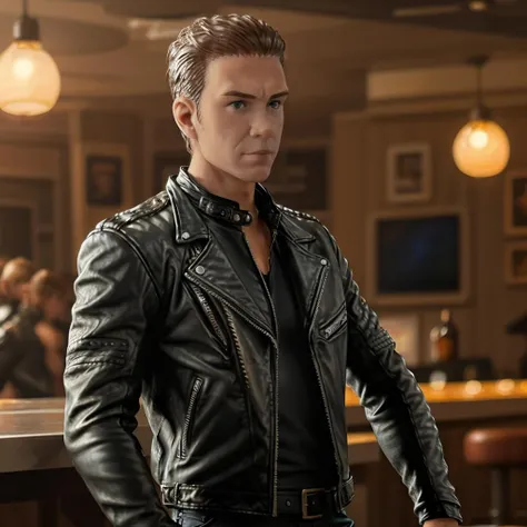 <lora:Chad:1> Chad as a biker, leather jacket, in a bar