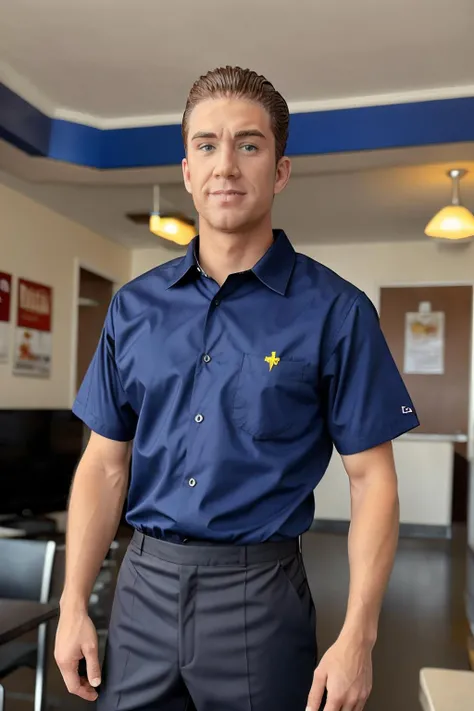 <lora:Chad:1> Chad as Mc Donald's employee, wearing Mc Donald's uniform, standing at Mc Donald's restaurant