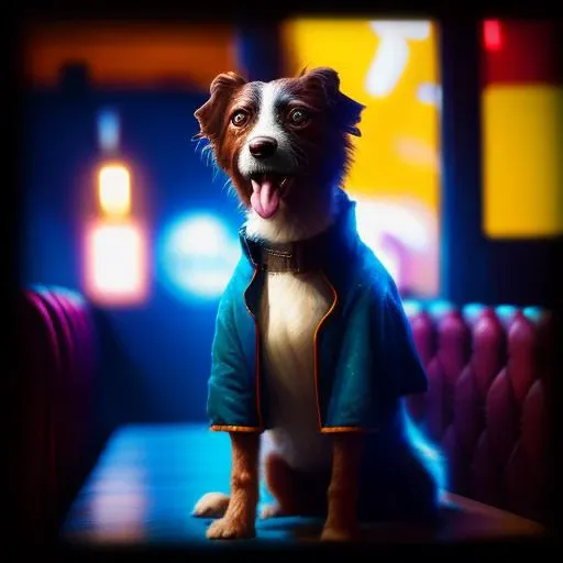 movie still of a dog wearing cool jacket at restaurant.cyberpunk