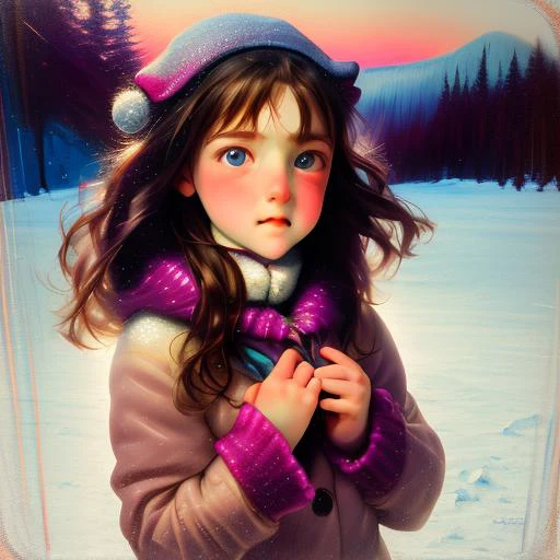 a portrait of a girl in snow, blush face