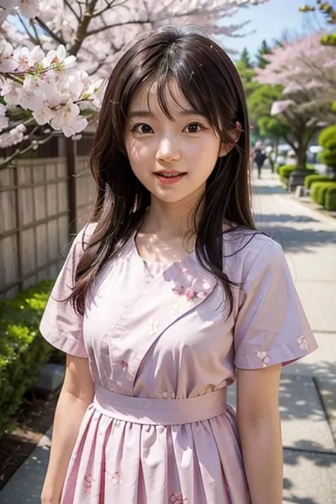 portrait, 1girl, solo,  ayumi,  standing,, open mouth, "Japanese teenager in a spring dress with cherry blossom patterns."