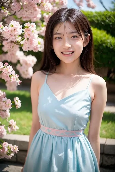 portrait, 1girl, solo,  ayumi,  <lora:ayumi-locon4:1> , standing,, open mouth, "Japanese teenager in a spring dress with cherry blossom patterns."