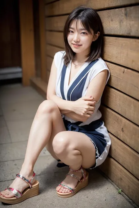portrait, 1girl, solo, ayumi, <lora:ayumi-locon4:1>, "Leaning against a wall, one leg bent at the knee, arms crossed, giving off a casual and laid-back aura.", shy, "Bright and sparkly summer festival yukata with traditional wooden sandals."