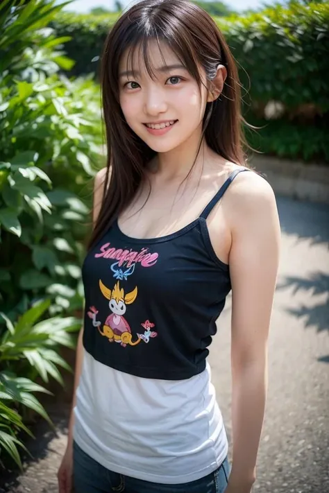 portrait, 1girl, solo,  ayumi,  <lora:ayumi-locon4:1> , standing,, "Bright smile with an undercurrent of sensuality", "Teenager in a summer tank top with popular anime character prints."