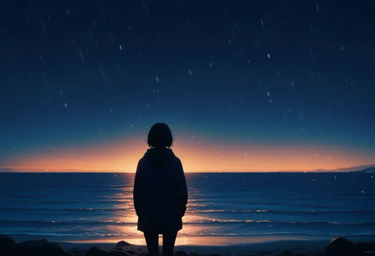 score_9, score_8_up, source_anime, 1girl, cowboy shot, rule of thirds, composition, cinematic, very wide shot, night, night sky, ocean, snowing, looking away, from behind, cinematic, cold lighting, blue theme, dark theme, silhouette