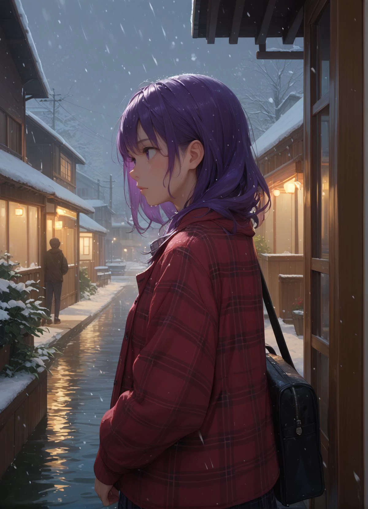 score_9, score_8_up, score_7_up, , 1girl, solo, sexy, Violet wet hair, :3, wearing Plaid, snowing, from behind, at aqueduct, summer, morning, looking away, action scene,, , 18 years old girl, source anime