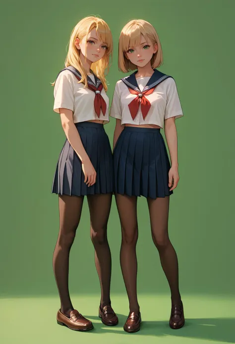 score_9, score_8_up, score_7_up, source_anime,
2girls, petite, pantyhose, no shoes, school uniform, standing, simple background, yuri, blonde hair, brown hair, facing viewer, looking at viewer, green background, film grain, cinematic