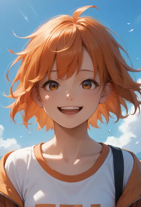 score_9, score_8_up, source_anime, 1girl, portrait, short white and orange hair, cute, expressive hair, expressive, happy, head tilt, falling hair