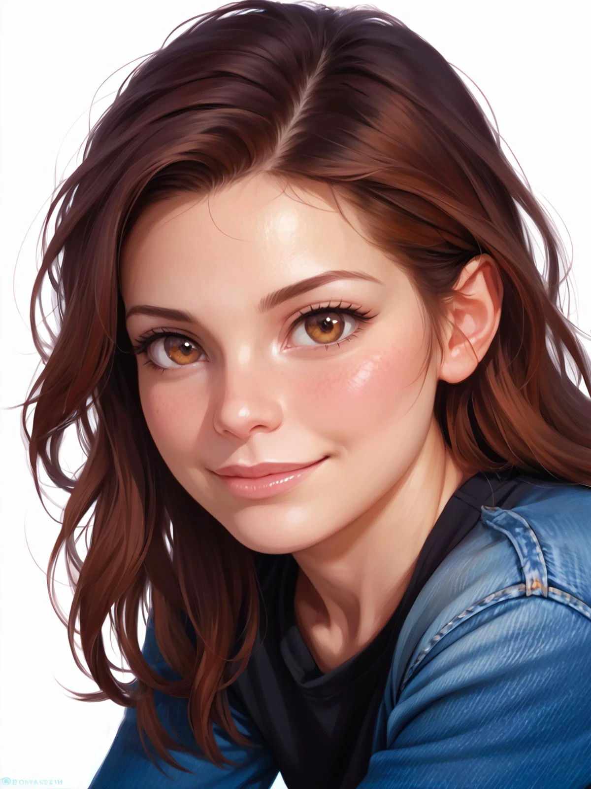 score_8, score_8, score_8_up, score_8_up, content_explicit, source_anime, high quality, realistic
1girl, detailed brown eyes, looking at viewer, flirting, lips, nose blush, young, shiny skin, simple background, white background, raw, realistic, photo, photorealistic,
(best quality, high quality, highres:1.2), denim, pants, jeans, long sleeves, shirt, black shirt, uncensored, <lora:alkemanubis_style_pony6_v3:0.15> <lora:muk_pony_v2:0.15>, <lora:Lilandava_PDXL:0.5> lilandavastyle,