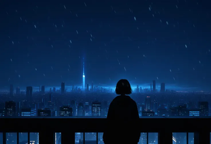 score_9, score_8_up, source_anime, 1girl, cowboy shot, rule of thirds, composition, cinematic, very wide shot, night, night sky, skyline, cityscape, snowing, looking away, from behind, cinematic, cold lighting, blue theme, dark theme, silhouette