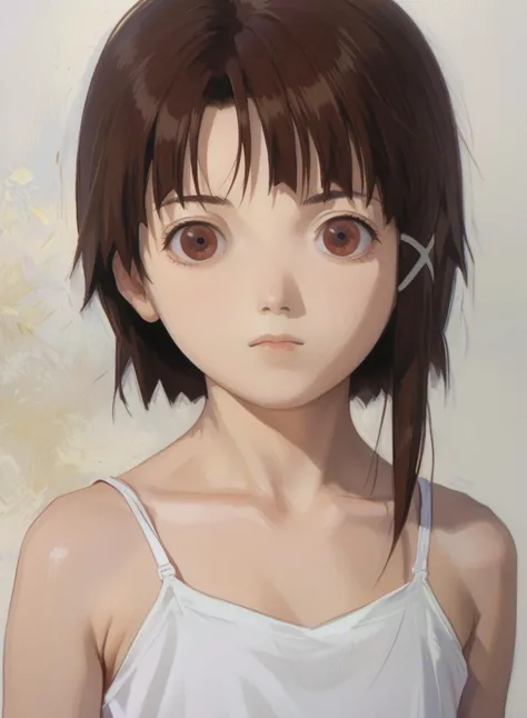 score_8_up, iwakura lain, red eyes, white camisole, brown hair, small breasts, upper body, white background, bare shoulders, collarbone, pale skin, x hair ornament
<lora:Lain_PonyXLv3:0.7> <lora:sdxl_fkey_v1:0.6> <lora:Impressionism Oil Painting Style LoRA_Pony XL v6:0.4>