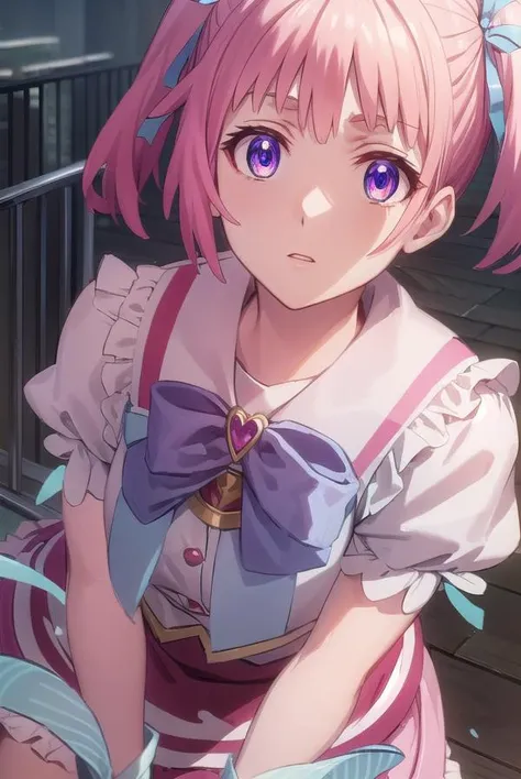mamikakirameki, <lora:mamika kirameki s1-lora-nochekaiser:1>,
mamika kirameki, twintails, (purple eyes:1.1), pink hair,
BREAK skirt, gloves, magical girl, bike shorts, heart, bow, blue bowtie, puffy sleeves, frills,
BREAK outdoor, city, sky, buildings, sun, clouds,
BREAK looking at viewer, (cowboy shot:1.5),
BREAK <lyco:GoodHands-beta2:1>, (masterpiece:1.2), best quality, high resolution, unity 8k wallpaper, (illustration:0.8), (beautiful detailed eyes:1.6), extremely detailed face, perfect lighting, extremely detailed CG, (perfect hands, perfect anatomy),