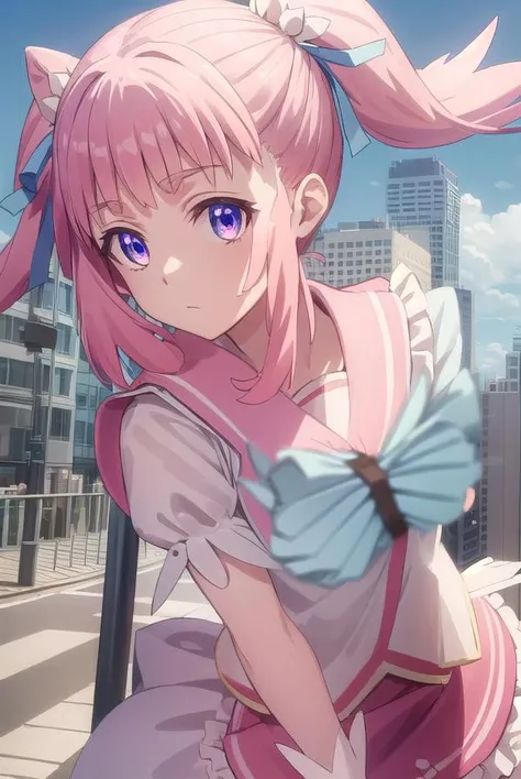 mamikakirameki, <lora:mamika kirameki s1-lora-nochekaiser:1>,
mamika kirameki, twintails, (purple eyes:1.1), pink hair,
BREAK skirt, gloves, magical girl, bike shorts, heart, bow, blue bowtie, puffy sleeves, frills,
BREAK outdoor, city, sky, buildings, sun, clouds,
BREAK looking at viewer, (cowboy shot:1.5),
BREAK <lyco:GoodHands-beta2:1>, (masterpiece:1.2), best quality, high resolution, unity 8k wallpaper, (illustration:0.8), (beautiful detailed eyes:1.6), extremely detailed face, perfect lighting, extremely detailed CG, (perfect hands, perfect anatomy),