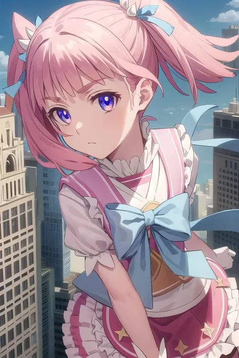 mamikakirameki, <lora:mamika kirameki s1-lora-nochekaiser:1>,
mamika kirameki, twintails, (purple eyes:1.1), pink hair,
BREAK skirt, gloves, magical girl, bike shorts, heart, bow, blue bowtie, puffy sleeves, frills,
BREAK outdoor, city, sky, buildings, sun, clouds,
BREAK looking at viewer, (cowboy shot:1.5),
BREAK <lyco:GoodHands-beta2:1>, (masterpiece:1.2), best quality, high resolution, unity 8k wallpaper, (illustration:0.8), (beautiful detailed eyes:1.6), extremely detailed face, perfect lighting, extremely detailed CG, (perfect hands, perfect anatomy),