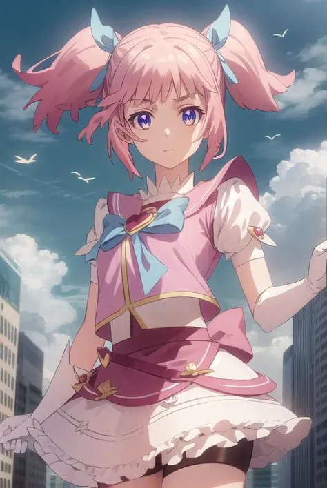 mamikakirameki, <lora:mamika kirameki s1-lora-nochekaiser:1>,
mamika kirameki, twintails, (purple eyes:1.1), pink hair,
BREAK skirt, gloves, magical girl, bike shorts, heart, bow, blue bowtie, puffy sleeves, frills,
BREAK outdoor, city, sky, buildings, sun, clouds,
BREAK looking at viewer, (cowboy shot:1.5),
BREAK <lyco:GoodHands-beta2:1>, (masterpiece:1.2), best quality, high resolution, unity 8k wallpaper, (illustration:0.8), (beautiful detailed eyes:1.6), extremely detailed face, perfect lighting, extremely detailed CG, (perfect hands, perfect anatomy),